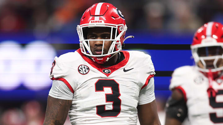 Dec 6, 2025; Atlanta, GA, USA; Georgia Bulldogs linebacker CJ Allen (3) looks on during the first quarter against the Alabama Crimson Tide during the 2025 SEC Championship game at Mercedes-Benz Stadium. Mandatory Credit: Brett Davis-Imagn Images