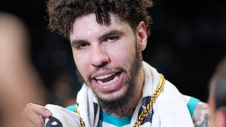 Apr 14, 2026; Charlotte, North Carolina, USA; Charlotte Hornets guard LaMelo Ball (1) is given a prime award after the second half overtime win during the play-in rounds between the Charlotte Hornets and the Miami Heat of the 2026 NBA Playoffs at Spectrum Center. Mandatory Credit: Jim Dedmon-Imagn Images
