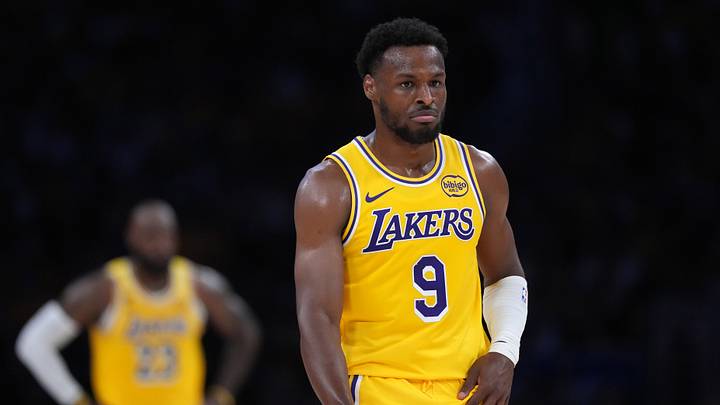 Los Angeles Lakers guard Bronny James (9) and father LeBron James (23) react in the first half against the Houston Rockets during game one of the first round of the 2026 NBA Playoffs at Crypto.com Arena on Apr. 18, 2026.