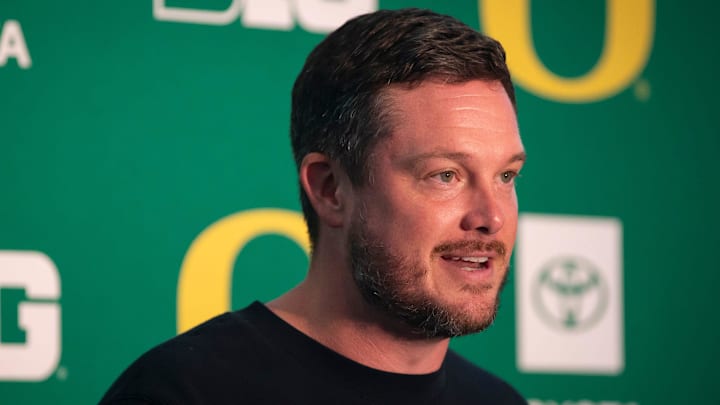 Oregon head coach Dan Lanning speaks during Oregon football’s media day Monday, July 29, 2024 at Autzen Stadium in Eugene, Ore.