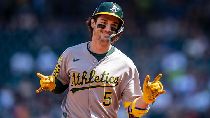 Aug 24, 2025; Seattle, Washington, USA; Athletics shortstop Jacob Wilson (5) rounds the bases after hitting a solo home run during the second inning against the Seattle Mariners at T-Mobile Park. Mandatory Credit: Stephen Brashear-Imagn Images