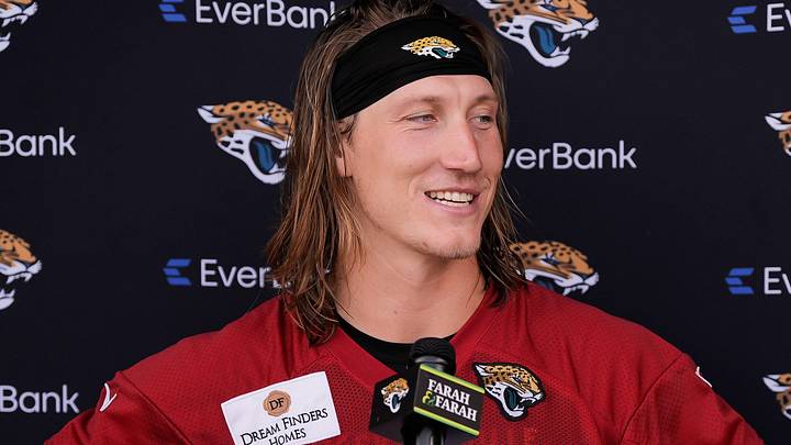 Jacksonville Jaguars quarterback Trevor Lawrence (16) answers questions after a joint Buccaneers‑Jaguars NFL practice Wednesday, August 26, 2026 at the Miller Electric Center in Jacksonville, Fla. 
