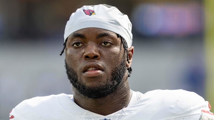 October 15, 2023; Inglewood, California, USA; Arizona Cardinals linebacker Victor Dimukeje (52) before the game against the Los Angeles Rams at SoFi Stadium. Mandatory Credit: Kyle Terada-Imagn Images