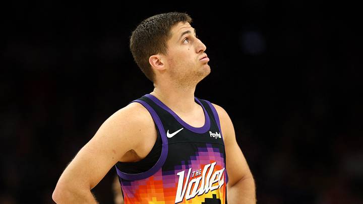 Phoenix, Arizona, USA; Phoenix Suns guard Collin Gillespie (12) reacts against the Portland Trail Blazers in the second half at Mortgage Matchup Center on Feb 22, 2026.