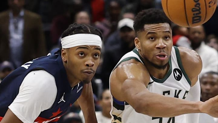 Washington Wizards guard Bilal Coulibaly and Milwaukee Bucks forward Giannis Antetokounmpo.