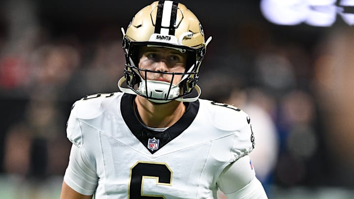 New Orleans Saints QB Tyler Shough (6) looks on during a game against the Atlanta Falcons on Ja. 4, 2026.