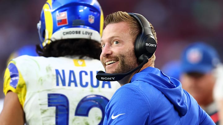 Dec 7, 2025; Glendale, Arizona, USA; Los Angeles Rams head coach Sean McVay reacts during the second half at State Farm Stadium. Mandatory Credit: Mark J. Rebilas-Imagn Images