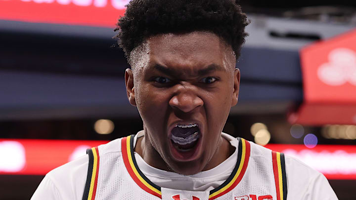 Derik Queen of the Maryland Terrapins reacts against the Michigan Wolverines.