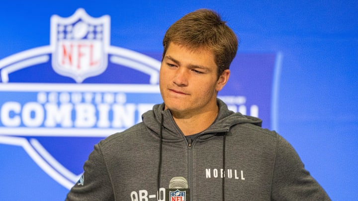 Mar 1, 2024; Indianapolis, IN, USA; North Carolina quarterback Drake Maye (QB04) talks to the media