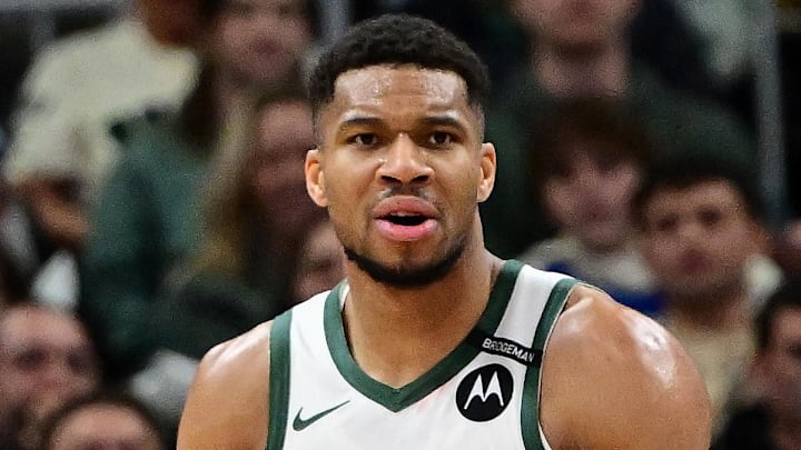 Milwaukee Bucks forward Giannis Antetokounmpo reacts in the third quarter against the Los Angeles Lakers at Fiserv Forum on March 13.