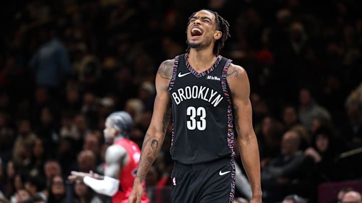 Dec 21, 2025; Brooklyn, New York, USA; Brooklyn Nets center Nic Claxton (33) reacts during the second half against the Toronto Raptors at Barclays Center. Mandatory Credit: John Jones-Imagn Images