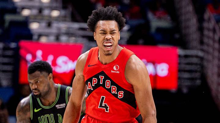 Mar 11, 2026; New Orleans, Louisiana, USA; Toronto Raptors forward/guard Scottie Barnes (4) reacts to making a three point basket against the New Orleans Pelicans during the first half at Smoothie King Center. Mandatory Credit: Stephen Lew-Imagn Images Mar 11, 2026; New Orleans, Louisiana, USA; Toronto Raptors forward/guard Scottie Barnes (4) reacts to making a three point basket against the New Orleans Pelicans during the first half at Smoothie King Center. Mandatory Credit: Stephen Lew-Imagn Images