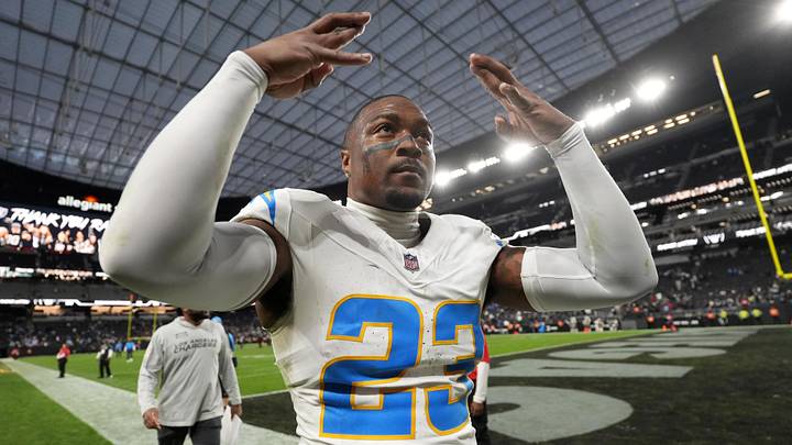 Jan 5, 2025; Paradise, Nevada, USA; Los Angeles Chargers safety Tony Jefferson (23) celebrates after the game against the Las Vegas Raiders at Allegiant Stadium. Mandatory Credit: Kirby Lee-Imagn Images
