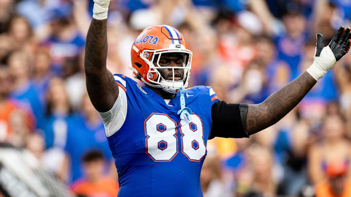 Florida Gators defensive lineman Caleb Banks (88) hypes the crowd during the first half against the Vanderbilt Commodores at Steve Spurrier Field at Ben Hill Griffin Stadium in Gainesville, FL on Saturday, October 7, 2023.