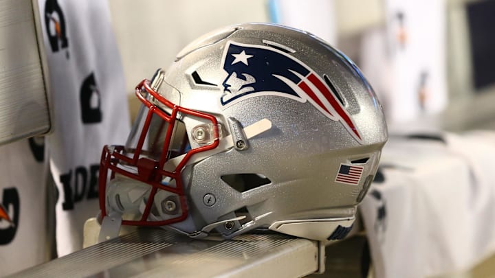 Aug 24, 2018; Charlotte, NC, USA; A New England Patriots helmet lays on the bench in the fourth quarter against the Carolina Panthers at Bank of America Stadium. Mandatory Credit: Jeremy Brevard-Imagn Images