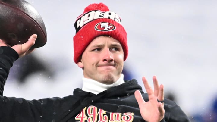 Dec 1, 2024; Orchard Park, New York, USA; San Francisco 49ers quarterback Brock Purdy (13) warms up before a game against the Buffalo Bills at Highmark Stadium. Mandatory Credit: Mark Konezny-Imagn Images Dec 1, 2024; Orchard Park, New York, USA; San Francisco 49ers quarterback Brock Purdy (13) warms up before a game against the Buffalo Bills at Highmark Stadium. Mandatory Credit: Mark Konezny-Imagn Images