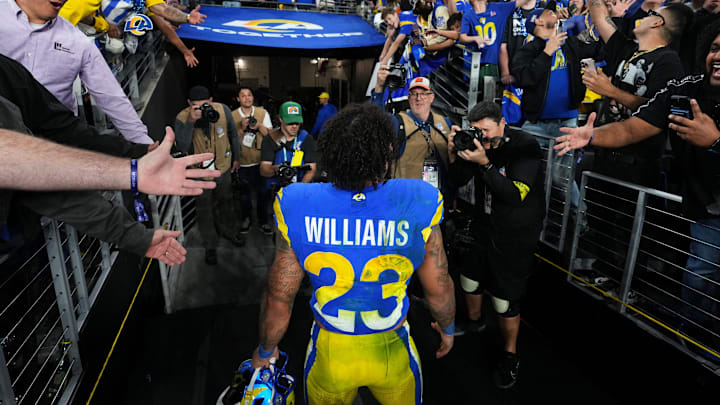 Los Angeles Rams running back Kyren Williams (23) walks off the field after their 27-9 playoff win over the Minnesota Vikings at State Farm Stadium on Jan. 13, 2025, in Glendale.