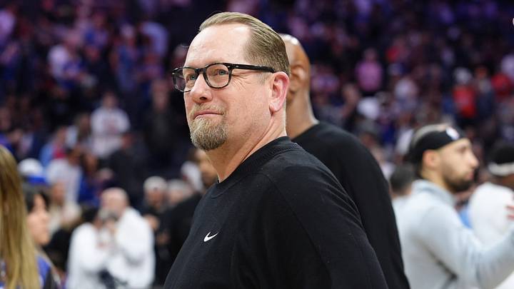 Philadelphia 76ers head coach Nick Nurse looks on after game four of the second round of the 2026 NBA Playoffs against the New York Knicks at Xfinity Mobile Arena. 