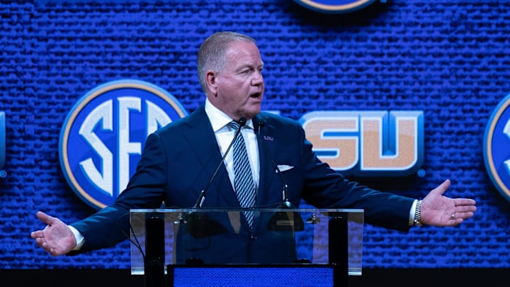LSU Head Coach Brian Kelly addresses the media at the 2023 SEC Football Kickoff Media Days at the Nashville Grand Hyatt on Broadway, Monday, July 17, 2023.
