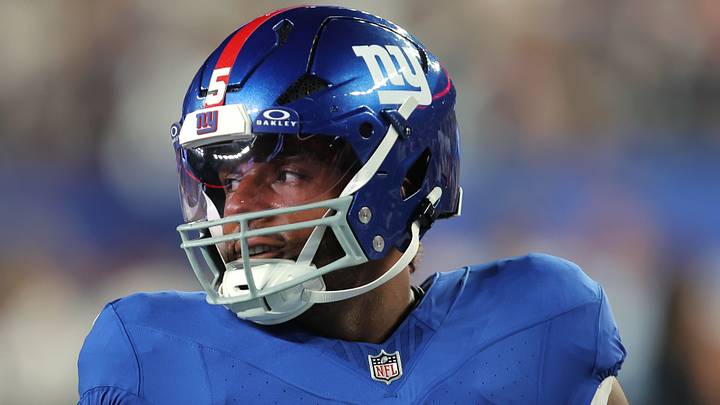 Sep 13, 2026; East Rutherford, New Jersey, USA;  New York Giants linebacker Kayvon Thibodeaux (5) looks on during warmups prior to the game against the Dallas Cowboys at MetLife Stadium.  Mandatory Credit: Brad Penner-Imagn Images