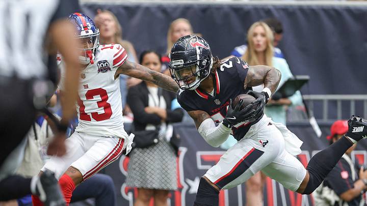 Aug 17, 2024; Houston, Texas, USA; Houston Texans cornerback Derek Stingley Jr. (24) intercepts a pass intended for New York Giants wide receiver Jalin Hyatt (13) during the first quarter at NRG Stadium. Mandatory Credit: Troy Taormina-USA TODAY Sports Aug 17, 2024; Houston, Texas, USA; Houston Texans cornerback Derek Stingley Jr. (24) intercepts a pass intended for New York Giants wide receiver Jalin Hyatt (13) during the first quarter at NRG Stadium. Mandatory Credit: Troy Taormina-USA TODAY Sports