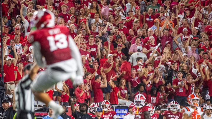Indiana fans celebrate Kellan Wyatt's sack of Illinois' Luke Altmeyer on Sept. 20, 2025, at Memorial Stadium in Bloomington. Indiana fans celebrate Kellan Wyatt's sack of Illinois' Luke Altmeyer on Sept. 20, 2025, at Memorial Stadium in Bloomington.