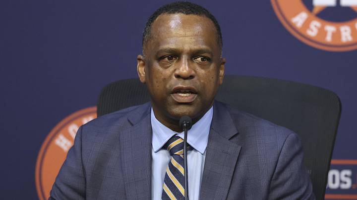 Jan 5, 2026; Houston, TX, USA; Houston Astros general manager Dana Brown speaks at a press conference  to introduce Japanese pitcher Tatsuya Imai at Daikin Park. Mandatory Credit: Troy Taormina-Imagn Images