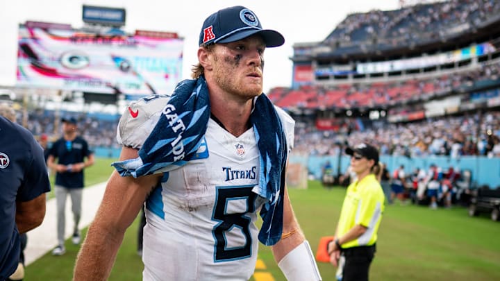 Tennessee Titans quarterback Will Levis (8) exits the field after losing 24-17 to the New York Jets in their home opener at Nissan Stadium in Nashville on Sept. 15, 2024. Tennessee Titans quarterback Will Levis (8) exits the field after losing 24-17 to the New York Jets in their home opener at Nissan Stadium in Nashville on Sept. 15, 2024.