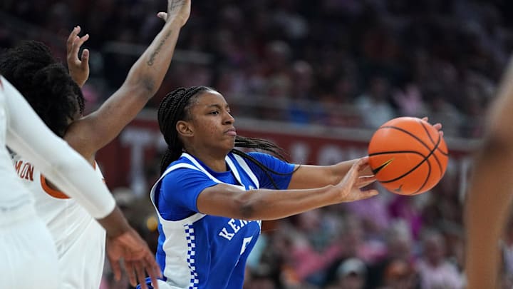 Feb 9, 2026; Austin, Texas, USA; Kentucky Wildcats guard Tonie Morgan (5) passes against Texas Longhorns guard Rori Harmon (3) during the second quarter at Moody Center. Mandatory Credit: Dustin Safranek-Imagn Images Feb 9, 2026; Austin, Texas, USA; Kentucky Wildcats guard Tonie Morgan (5) passes against Texas Longhorns guard Rori Harmon (3) during the second quarter at Moody Center. Mandatory Credit: Dustin Safranek-Imagn Images