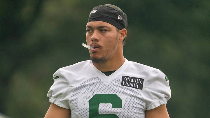 New York Jets safety Dane Belton (6) warms up during a practice for the New York Jets at their training facility on Wednesday, July 29, 2026, in Florham Park. New York Jets safety Dane Belton (6) warms up during a practice for the New York Jets at their training facility on Wednesday, July 29, 2026, in Florham Park.