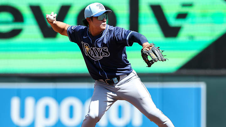 Tampa Bay Rays shortstop Ha-Seong Kim (7) throws the ball to first base to get out Minnesota Twins center fielder Byron Buxton (25) during the first inning at Target Field. 