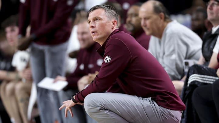 Nov 25, 2025; College Station, Texas, USA; Texas A&M Aggies head coach Bucky McMillan looks on during the first half against the Mississippi Valley State Delta Devils at Reed Arena. Mandatory Credit: Maria Lysaker-Imagn Images Nov 25, 2025; College Station, Texas, USA; Texas A&M Aggies head coach Bucky McMillan looks on during the first half against the Mississippi Valley State Delta Devils at Reed Arena. Mandatory Credit: Maria Lysaker-Imagn Images