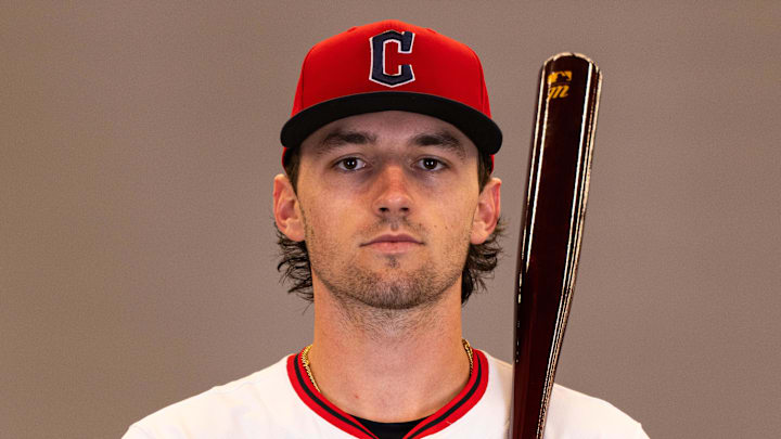 Feb 19, 2026; Goodyear, AZ, USA; Cleveland Guardians right fielder Chase DeLauter (24) during media day in Goodyear. Mandatory Credit: Arianna Grainey-Imagn Images
