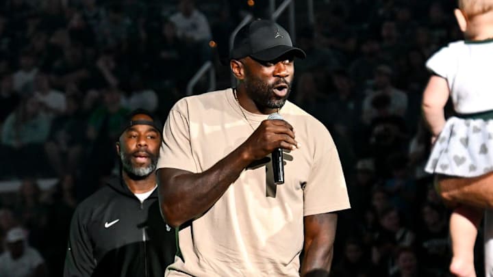 Former Spartans basketball player Jason Richardson talks to the crowd during the Michigan State Madness event on Friday, Oct. 4, 2024, at the Breslin Center in East Lansing.