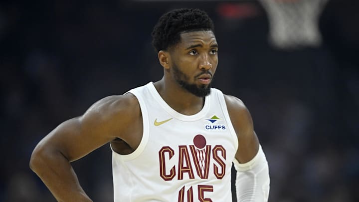 Nov 13, 2025; Cleveland, Ohio, USA; Cleveland Cavaliers guard Donovan Mitchell (45) stands on the court in the first quarter against the Toronto Raptors at Rocket Arena. Mandatory Credit: David Richard-Imagn Images