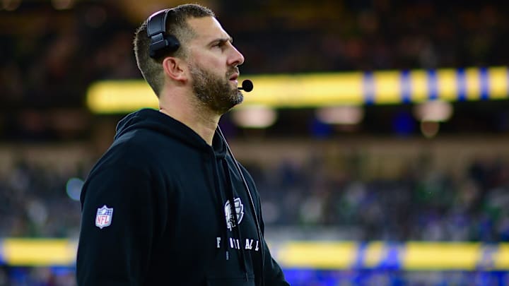 Philadelphia Eagles head coach head coach Nick Sirianni watches game action against the Los Angeles Rams during the second half at SoFi Stadium.