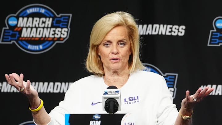 Mar 28, 2024; Albany, NY, USA; LSU Tigers head Ccoach Kim Mulkey answers questions during the press conference prior to their NCAA Tournament Sweet 16 game at MVP Arena. Mandatory Credit: Gregory Fisher-Imagn Images Mar 28, 2024; Albany, NY, USA; LSU Tigers head Ccoach Kim Mulkey answers questions during the press conference prior to their NCAA Tournament Sweet 16 game at MVP Arena. Mandatory Credit: Gregory Fisher-Imagn Images