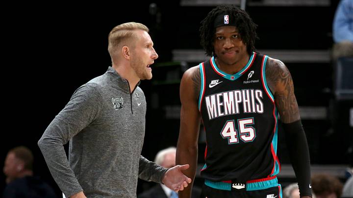 Mar 27, 2026; Memphis, Tennessee, USA; Memphis Grizzlies head coach Tuomas Iisalo talks with forward GG Jackson (45) during the third quarter against the Houston Rockets at FedExForum. Mandatory Credit: Petre Thomas-Imagn Images