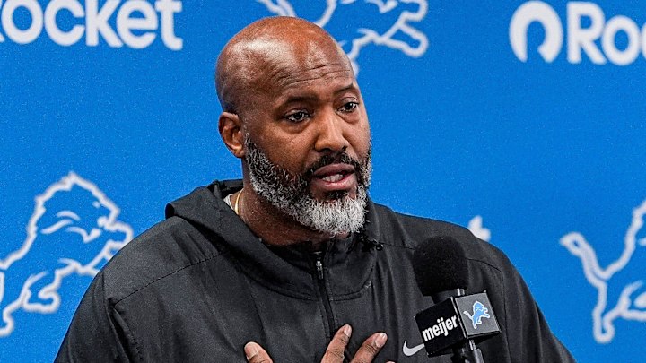 Detroit Lions executive vice president and general manager Brad Holmes speaks during media availability