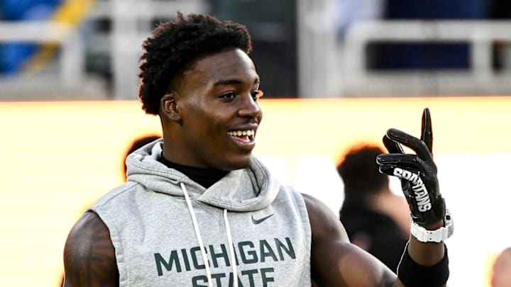 Michigan State's Nick Marsh smiles while warming up before the game against Michigan on Saturday, Oct. 25, 2025, at Spartan Stadium in East Lansing. Michigan State's Nick Marsh smiles while warming up before the game against Michigan on Saturday, Oct. 25, 2025, at Spartan Stadium in East Lansing.