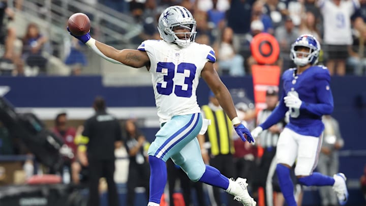 Dallas Cowboys running back Javonte Williams runs with the ball for a touchdown against the New York Giants.