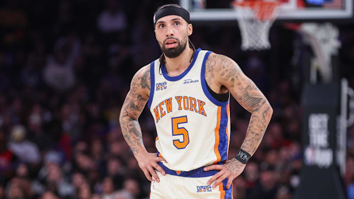 Feb 21, 2026; New York, New York, USA;  New York Knicks guard Jose Alvarado (5) at Madison Square Garden. Mandatory Credit: Wendell Cruz-Imagn Images