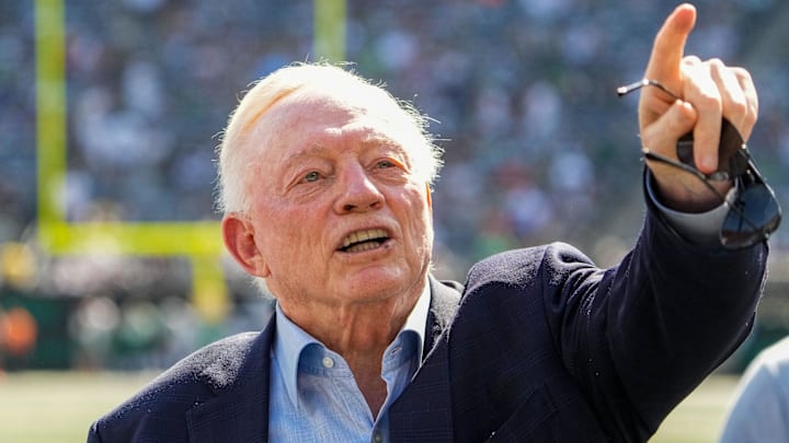 Oct 5, 2025; East Rutherford, New Jersey, USA;  Dallas Cowboys Owner, President and general manager Jerry Jones stands on the field prior to a game against the New York Jets  at MetLife Stadium. Mandatory Credit: Robert Deutsch-Imagn Images