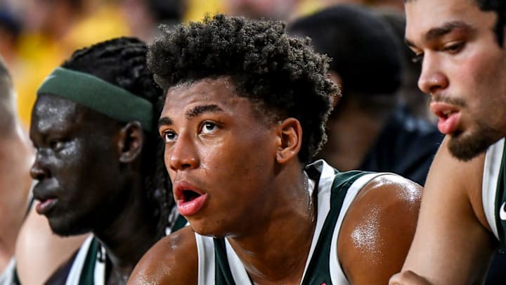 Michigan State's Jeremy Fears Jr. looks on during a break on the bench during the second half against Michigan on Sunday, March 8, 2026, at the Crisler Center in Ann Arbor.