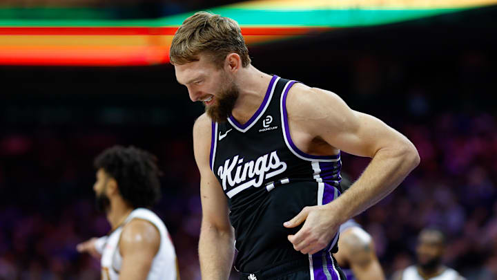 Nov 11, 2025; Sacramento, California, USA; Sacramento Kings center Domantas Sabonis (11) reacts after a play during the second quarter against the Denver Nuggets at Golden 1 Center.