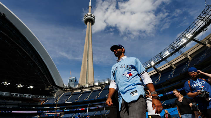 Former Toronto Blue Jays outfielder Jose Bautista is pictured during the August 2023 weekend of his addition to the team's Level of Excellence.