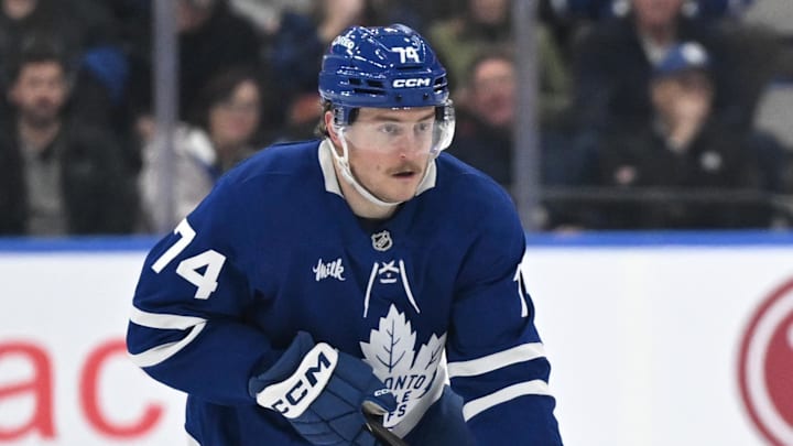 Nov 13, 2025; Toronto, Ontario, CAN; Toronto Maple Leafs forward Bobby McMann (74) skates with the puck against Los Angeles Kings in the third period at Scotiabank Arena. Mandatory Credit: Dan Hamilton-Imagn Images Nov 13, 2025; Toronto, Ontario, CAN; Toronto Maple Leafs forward Bobby McMann (74) skates with the puck against Los Angeles Kings in the third period at Scotiabank Arena. Mandatory Credit: Dan Hamilton-Imagn Images