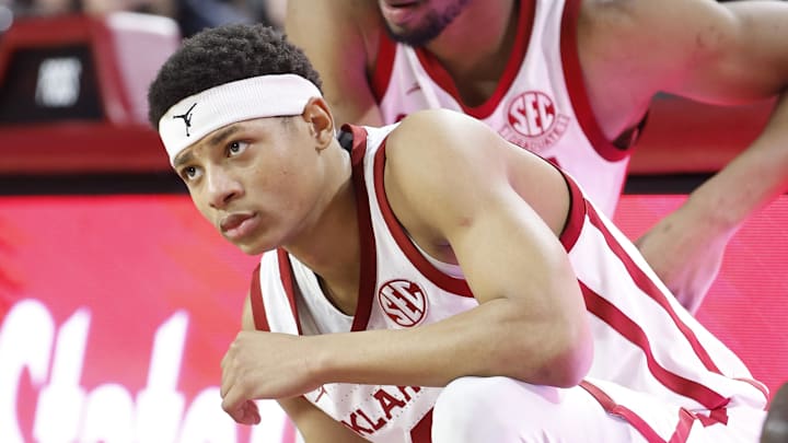 Feb 15, 2025; Norman, Oklahoma, USA; Oklahoma Sooners guard Jeremiah Fears (0) and forward Mohamed Wague (5) wait to check in the game against the LSU Tigers during the first half at Lloyd Noble Center. Mandatory Credit: Alonzo Adams-Imagn Images Feb 15, 2025; Norman, Oklahoma, USA; Oklahoma Sooners guard Jeremiah Fears (0) and forward Mohamed Wague (5) wait to check in the game against the LSU Tigers during the first half at Lloyd Noble Center. Mandatory Credit: Alonzo Adams-Imagn Images