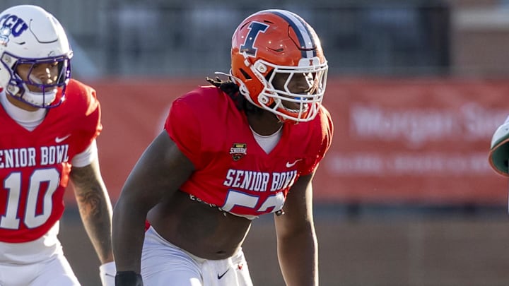 Jan 29, 2026; Mobile, AL, USA; American defensive lineman Gabe Jacas (52) of Illinois lines up during American Senior Bowl practice at Hancock Whitney Stadium. Mandatory Credit: Vasha Hunt-Imagn Images