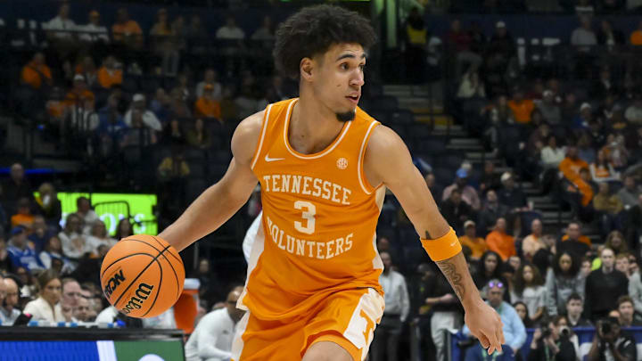 Mar 13, 2026; Nashville, TN, USA; Tennessee Volunteers guard Bishop Boswell (3) dribbles the ball against the Vanderbilt Commodores during the second half at Bridgestone Arena. Mandatory Credit: Steve Roberts-Imagn Images Mar 13, 2026; Nashville, TN, USA; Tennessee Volunteers guard Bishop Boswell (3) dribbles the ball against the Vanderbilt Commodores during the second half at Bridgestone Arena. Mandatory Credit: Steve Roberts-Imagn Images